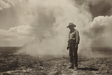 Dust Bowl-era farmer stands with a sense of determination against the violent dust storm engulfing the landscape