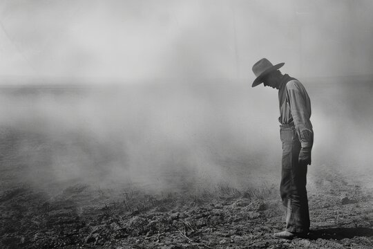 A vintage photo of a man in a hat, standing forlorn in a barren, dusty landscape, evoking feelings of nostalgia and solitude