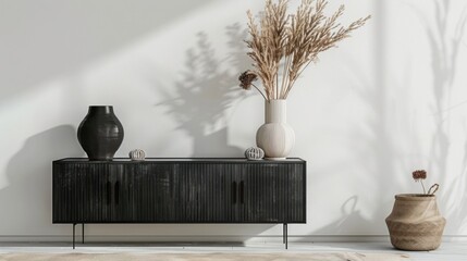 Modern black chest of drawers with pictures and decorative plants near white wall with window shape sunlight