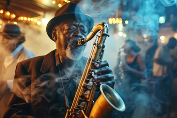 A saxophonist plays amidst smoke and soft lighting in a vibrant jazz club, capturing the soul of...