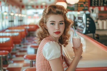 A beautiful waitress in red and white attire presents a strawberry milkshake at a vintage-inspired diner