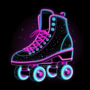recommend clip art: Pair of vintage, retro quad roller skates, sketch style, hand drawn illustration isolated on white background. Realistic hand drawn, sketch style pair of colorful quad roller skates with pink laces