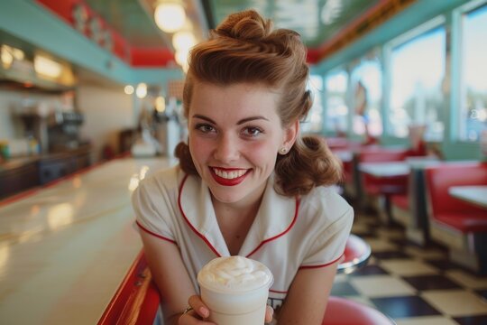 A charismatic waitress in a vintage diner outfit serves a vanilla milkshake with an engaging smile
