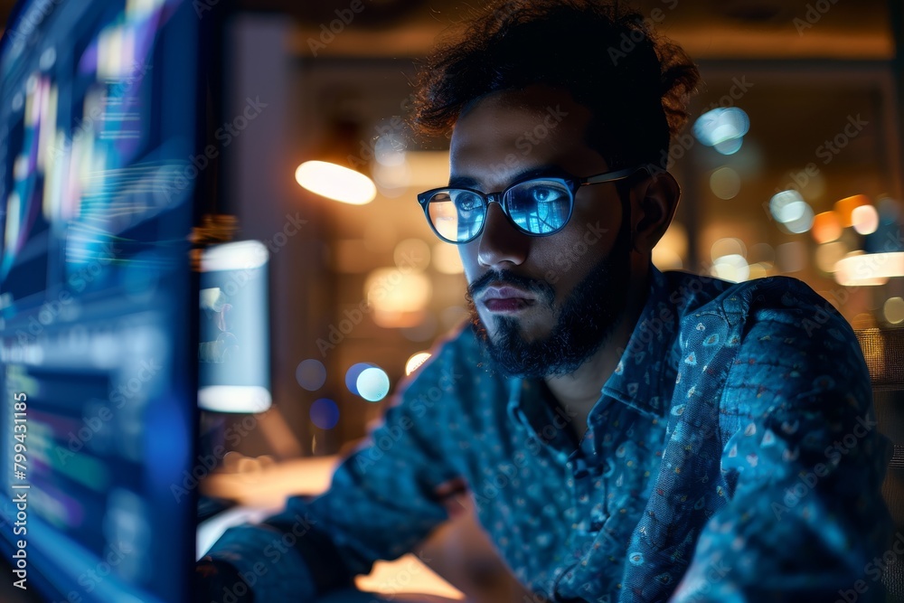 Aufkleber A male programmer writes code on his computer in a dark room, reflecting dedication and focus