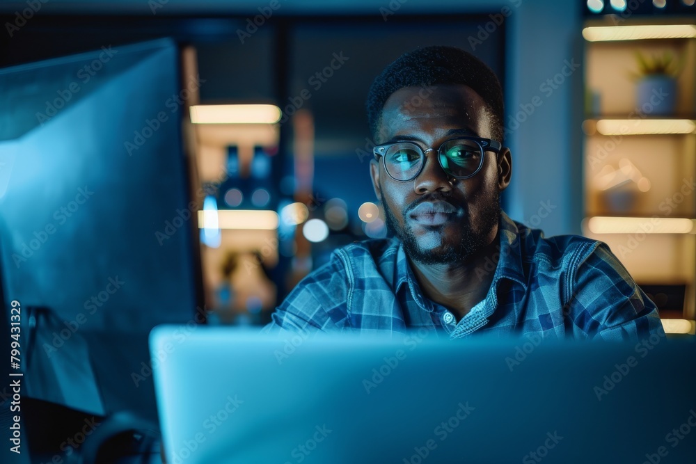 Poster A man facing away, engrossed in work on a computer late at night, highlighting dedication