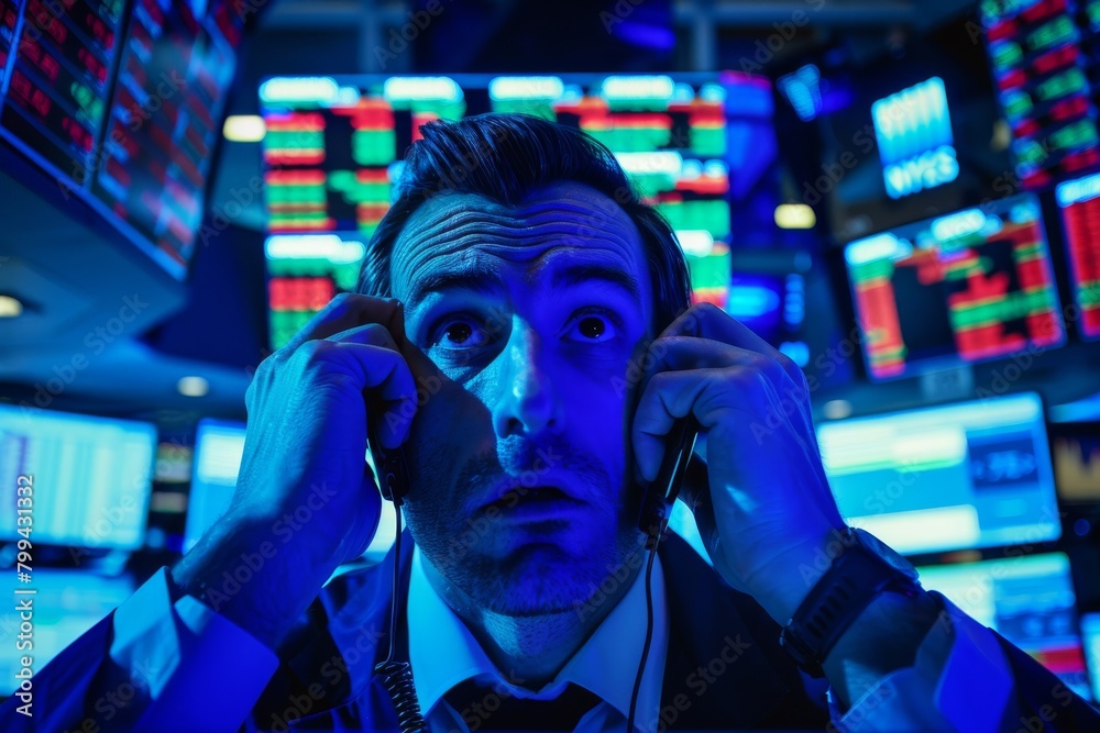 Aufkleber A stock trader shows intense concern while analyzing market data on multiple screens with urgency