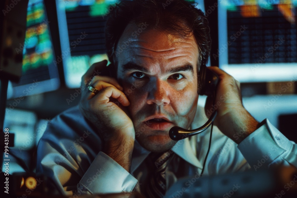 Aufkleber A stock trader with face hidden, surrounded by monitors with financial data, privacy concept