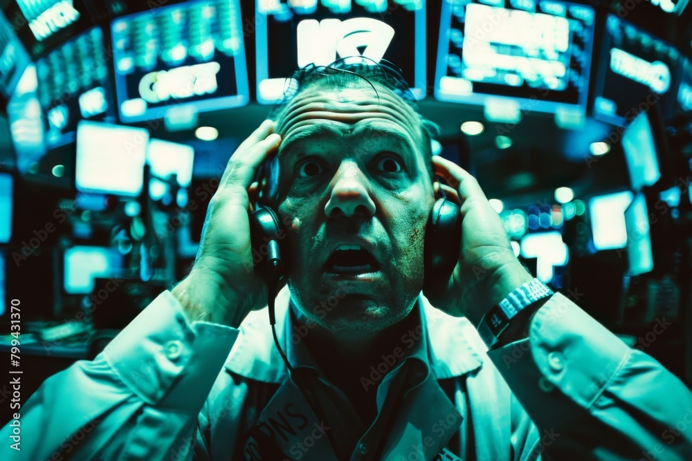 Poster a stock trader is visibly stressed amidst the chaotic environment of a stock trading room, highlight