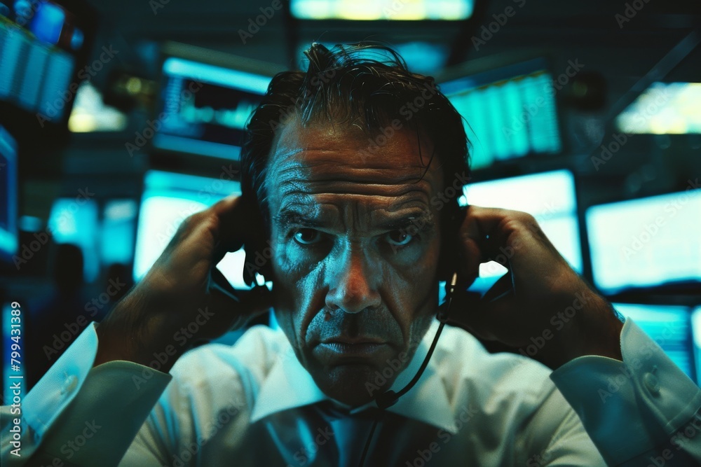 Aufkleber The image captures a focused financial trader analyzing complex data across multiple screens, depicting the intensity of the stock market