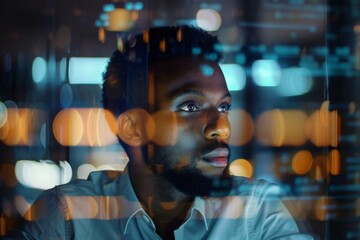 An individual with digitally obscured facial features against a neon-lit, blurred city backdrop