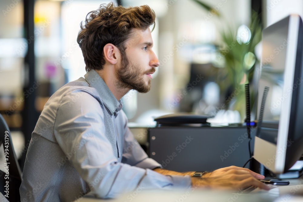 Poster focused individual at a well-organized work station with computer screens, capturing the essence of 