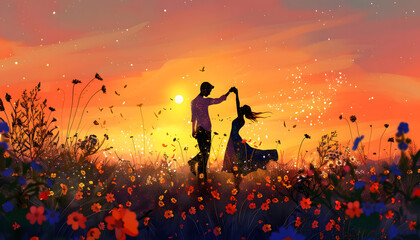 Whimsical digital illustration of a couple dancing in a field of wildflowers at sunsetar74v60 Generative AI