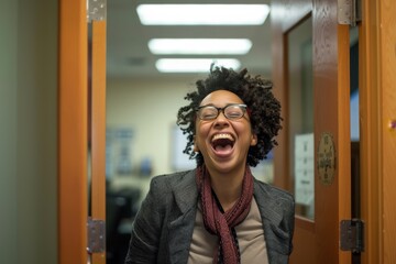 A cheerful young lady with curly hair and glasses laughing heartily against an indoor background