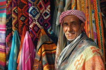 Fototapeta premium A man wearing a headscarf stands among vibrant textiles, showcasing cultural fashion and trade