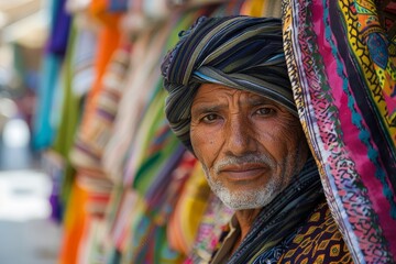 Obraz premium A man with an intense gaze is surrounded by an array of colorful and patterned textiles at a market