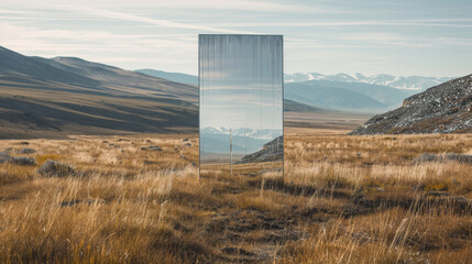 Surreal landscape with a mirror portal reflecting a clear blue sky amidst rolling green hills and snow-capped mountains.
