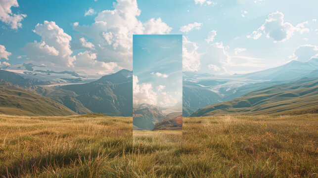 Surreal landscape with a mirror portal reflecting a clear blue sky amidst rolling green hills and snow-capped mountains.

