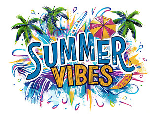 Bright and colorful illustration themed 'Summer Vibes' with tropical elements and dynamic artwork.
 - obrazy, fototapety, plakaty