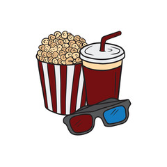 Set of popcorn and soda drink with straw and 3d glasses in red and white disposable packages isolated on white. Hand drawn vector sketch illustration in doodle engraved line art vintage style.