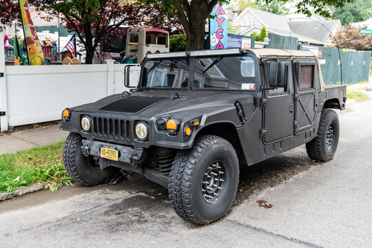 New York City, USA - August 26, 2023: Hummer H1 General Motors SUV off roader truck, corner view