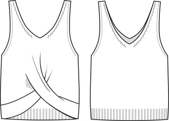 Women's Knotting Detail, Twist Front V-Neck Knit Vest Top- Technical fashion illustration. Front and back, white color. Women's CAD mock-up.