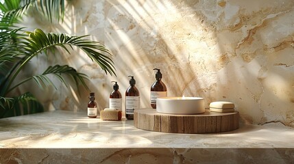 Wood podiums stand for beauty and cosmetic product placement in natural interior scenes. Stonewall and shelf countertop with palm leaf shadow. Neutral tropical aesthetic background. Spa and bathroom