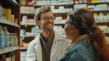 Obraz premium Happy man chooses medicine with help of young pharmacist in drugstore.