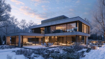Create a 3D rendering of a new modern concrete house on a winter night, showcasing the contemporary design against the cold, crisp atmosphere