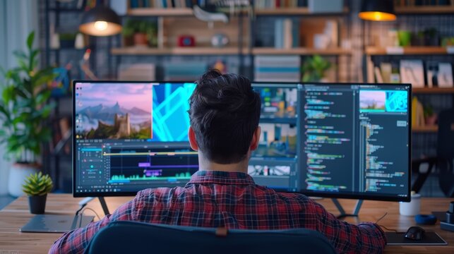 CuttingEdge Technology Software Developer Harnessing WiFi 7 for NextGeneration AI Applications Rear View Coding Image