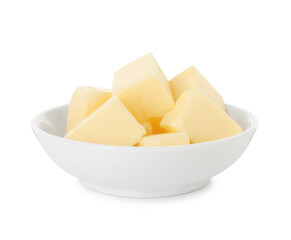 Tasty butter cubes in bowl isolated on white