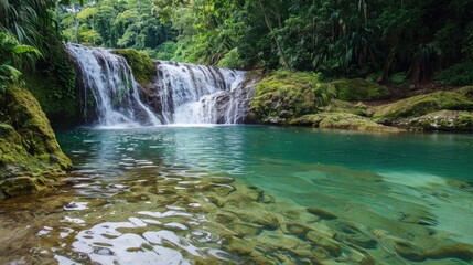 Fototapeta na wymiar Close view of clean water in a forest cascade de Bis in Guadeloupe Caribbean islands