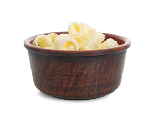 Tasty butter curls in bowl isolated on white