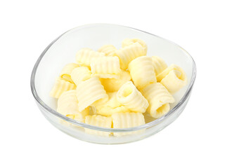 Tasty butter curls in bowl isolated on white