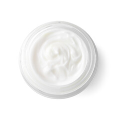 Jar of body care cream isolated on white, top view