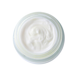 Jar of body care cream isolated on white, top view