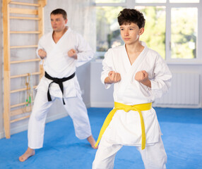 Dynamic underage boy performing fighting positions in row during karate courses - obrazy, fototapety, plakaty