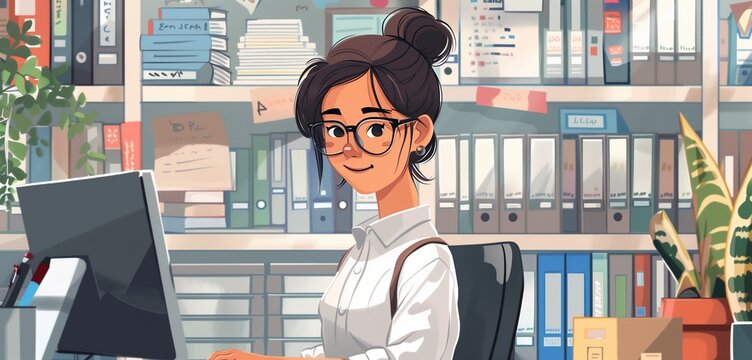 a linguist female researching languages in an office, 2d, flat, illustration, solid color.