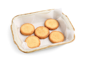 Tasty sweet sugar cookies in baking dish isolated on white