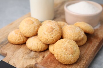Tasty fresh sugar cookies on grey table, closeup