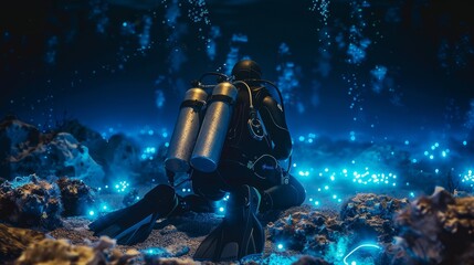Fototapeta premium Glowing Bioluminescent Night Dive Technical Diver Prepares for Underwater Adventure