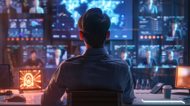 Immersive Virtual Meeting Tech Specialist Engages with Digital Avatars in HighTech Workspace - Powered by Adobe