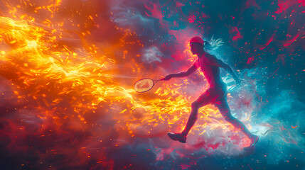 Naklejka premium Abstract illustration showing the silhouette of a badminton player trying to hit the ball with a badminton racket. Colorful abstract background. Olympic discipline.