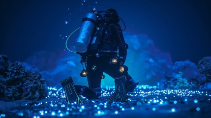 Fototapeta premium Glowing Bioluminescent Night Dive Technical Diver Prepares for Underwater Adventure