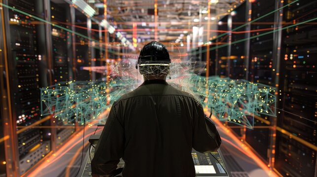 Tech Troubleshooting Expert in Data Center Resolves Network Issue on Futuristic Holographic Console Rear View Technician Image
