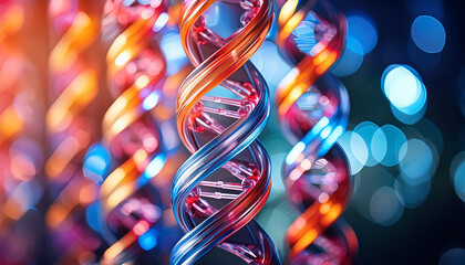 Illuminated DNA strands exhibit vibrant colors and intricate details, symbolizing the fusion of biology and technology - obrazy, fototapety, plakaty