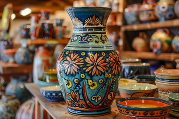 A large ceramic vase stands at the center of the display, its surface adorned with intricate patterns and designs. Shades of deep blue, rich green, and fiery red dance across its surface - obrazy, fototapety, plakaty