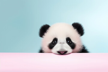 Cute panda bear above empty banner looking at camera. Panda World wildlife day or National panda...