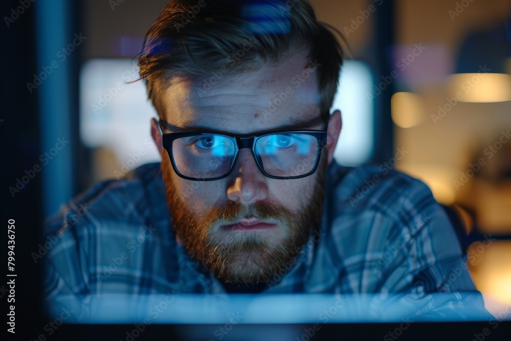 Poster An image of a young man focused on his computer screen, illuminated by the light of the monitor in a dark room
