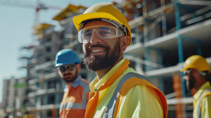 Smiling construction worker in safety helmet at construction site