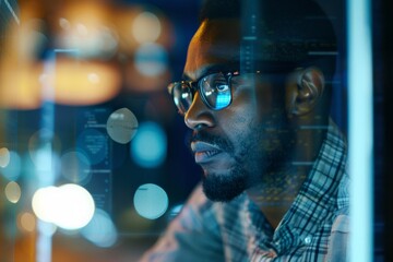 Fototapeta premium A serene profile of a man against a window pane, surrounded by the blue and orange bokeh of city lights at night